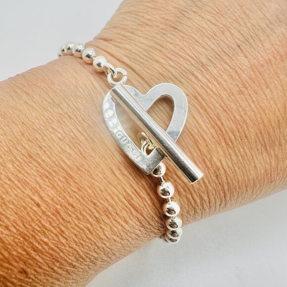 Gucci Silver Heart Ball Chain Toggle Bracelet Genuine Signed Sterling 17cm Fine - Picture 1 of 7